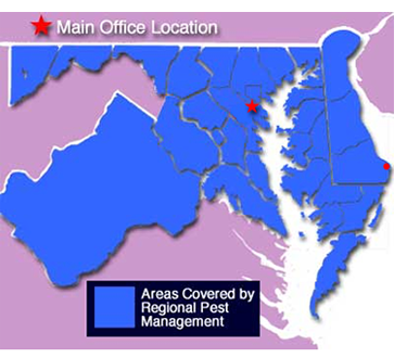 Map showing that Regional Pest Management serves Maryland, Delaware, and portions of Virginia